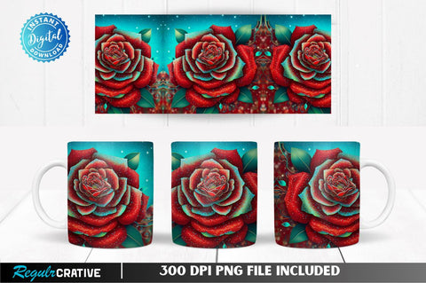 Red Roses Glitter Flower 11, 12 & 15 Oz Mug Sublimation Sublimation Regulrcrative 
