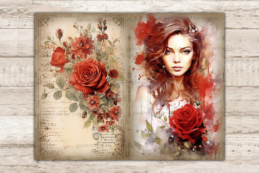 Red Roses Junk Journal Pages | Woman Printable Card - So Fontsy