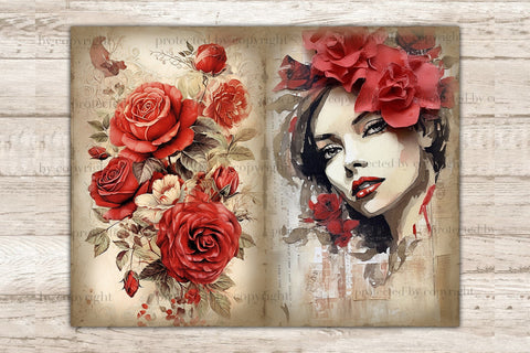 Red Roses Junk Journal Pages | Woman Printable Card SVG GlamArtZhanna 