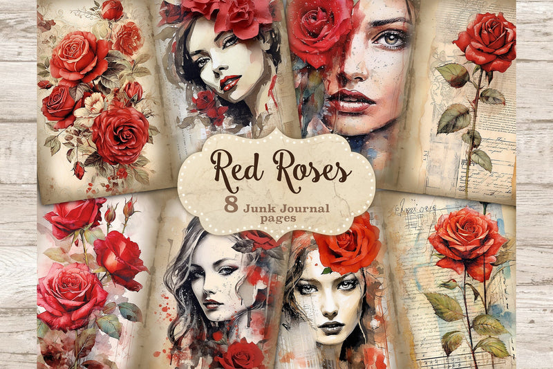 Red Roses Junk Journal Pages | Woman Printable Card SVG GlamArtZhanna 