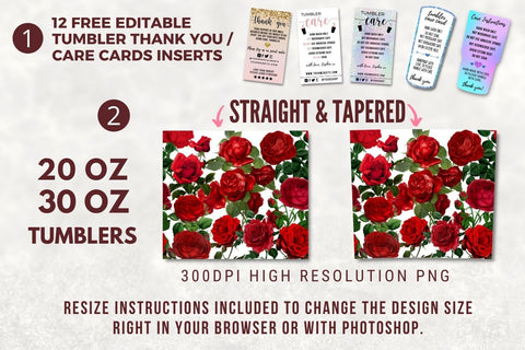 Red Roses Sublimation 20 Oz Skinny Tumbler Floral Seamless Wrap for 20 oz & 30 oz Tumbler Design - PNG Sublimation TumblersByPhill 