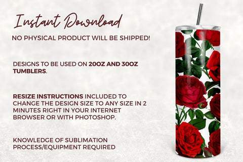 Red Roses Sublimation 20 Oz Skinny Tumbler Floral Seamless Wrap for 20 oz & 30 oz Tumbler Design - PNG Sublimation TumblersByPhill 