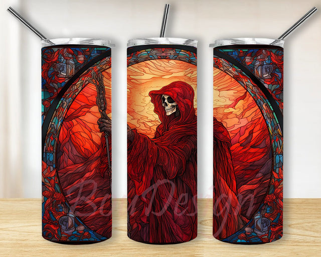 Red The Grim Reaper 20oz Skinny Tumbler Png, Skull Skeleton Tumbler, Day Of The Dead Style Grim Reaper Stained Glass, Grim Reaper Design Tumbler Sublimation BouDesign 