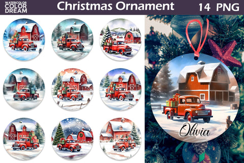 Red Truck Christmas Ornament Bundle | Farm Truck Sublimation Sublimation WatercolorColorDream 