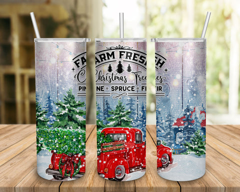 Red Truck Farm Fresh Christmas Trees PNG Sublimation Designs Wrap, Christmas Trees 20oz Skinny Tumbler Digital Pattern BOO-design 