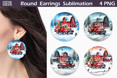 Red Truck Round Earrings | Christmas Earrings Sublimation Sublimation WatercolorColorDream 