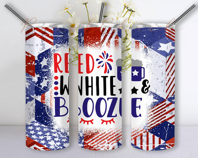 Red White and Booze Glitter 4th of July Memorial Day 20oz Skinny Tumbler Sublimation Designs Sublimation PixelChick 