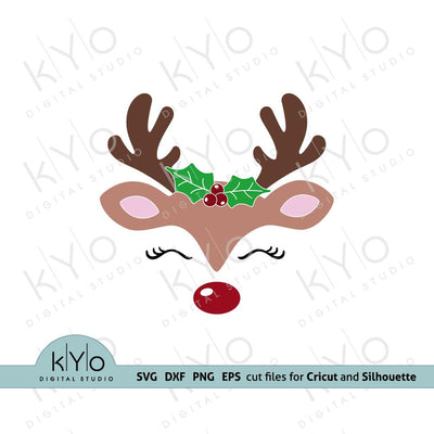 Reindeer Face with Holly SVG cut files SVG kYo Digital Studio 