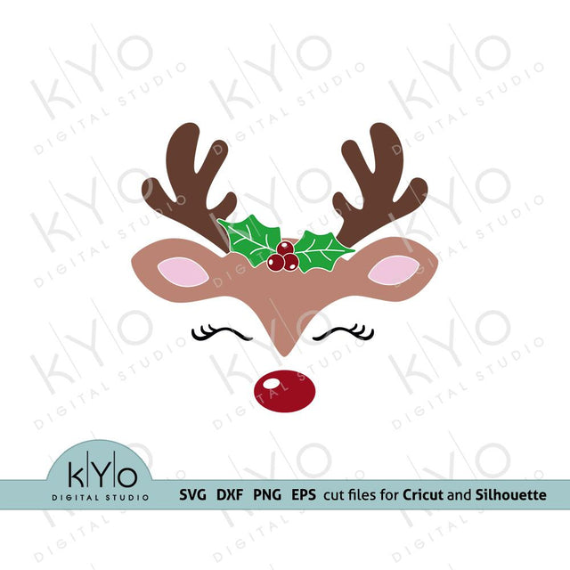 Reindeer Face with Holly SVG cut files SVG kYo Digital Studio 