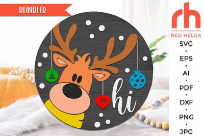 Reindeer Hi SVG, Layered Door Hanger Cut File, Christmas Hanging Sign DXF, Winter Decor, Peeking Reindeer Silhouette SVG RedHelgaArt 