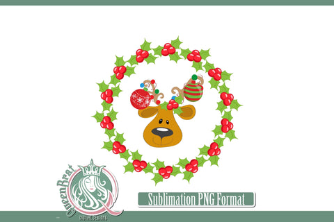 Reindeer Holly Wreath Sublimation Sublimation QueenBrat Digital Designs 
