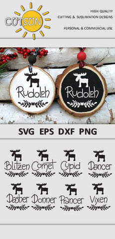 Reindeer Names Christmas Ornaments SVG Bundle Hand lettered SVG CutsunSVG 