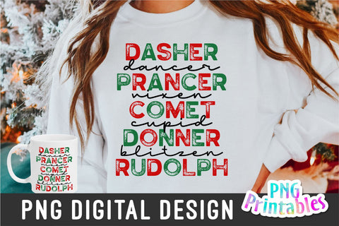 Reindeer Names Christmas png - Christmas Sublimation - png Print File For Sublimation Or Print - Distressed - Download Sublimation Svg Cuttables 