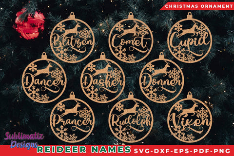 Reindeer Names Christmas Tree Ornament Cut File Bundle SVG SVG Sublimatiz Designs 