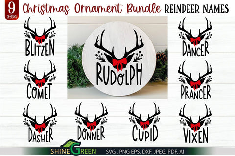 Reindeer Names SVG - Christmas Ornament Bundle for Home, Farmhouse Decor SVG Shine Green Art 