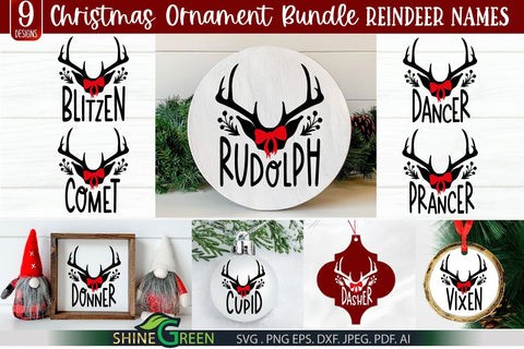Reindeer Names SVG - Christmas Ornament Bundle for Home, Farmhouse Decor SVG Shine Green Art 