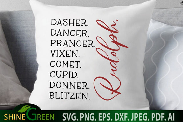 Reindeer Names SVG - Farmhouse Christmas Pillow, Sign SVG SVG Shine Green Art 