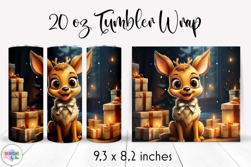 Reindeer with Christmas Gifts Tumbler Wrap 20 oz Sublimation Designs by Ira 