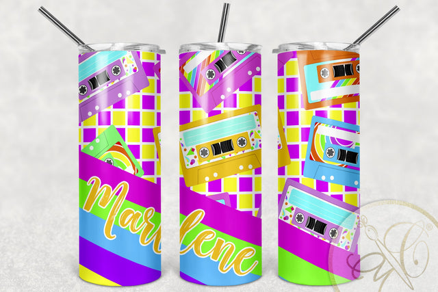 Retro 20oz Skinny Tumbler Sublimation/ 80’s, 90’s/ Cassette/ Neon Sublimation Marlene Campos 