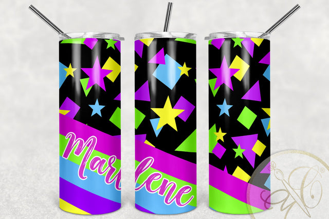 Retro 20oz Skinny Tumbler Sublimation/ 80’s, 90’s/ Neon/ Big Stars/ Black BG Sublimation Marlene Campos 