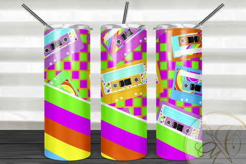 Retro 20oz Skinny Tumbler Sublimation/ 80’s, 90’s/ Neon/ Cassette/ White BG Sublimation Marlene Campos 