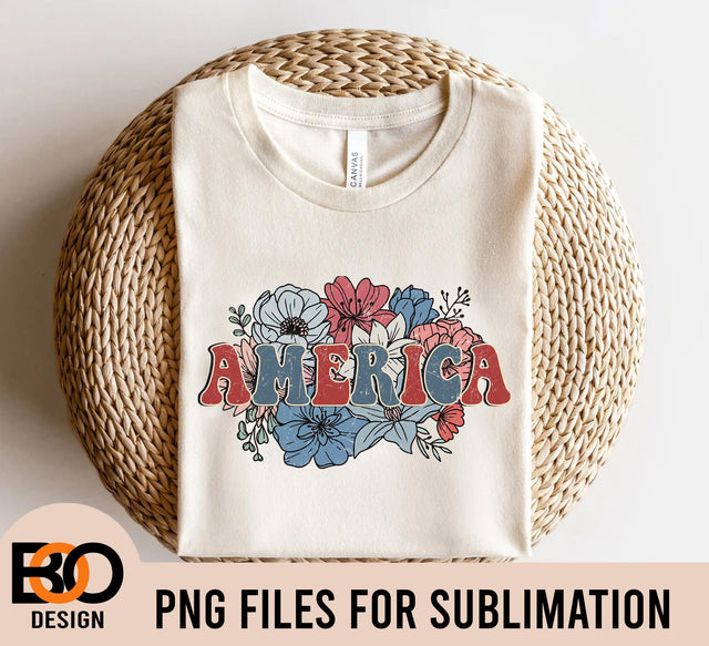 Retro America Flowers PNG for sublimation, Retro 4th of July patriotic png, floral patriotic America png , Digital File Sublimation BOO-design 
