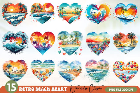 Retro Beach Heart Watercolor Clipart Bundle Sublimation Regulrcrative 