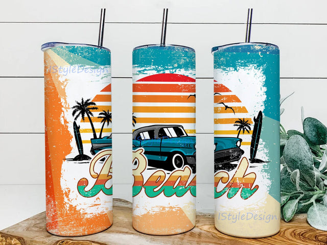 Retro Beach Tumbler 20oz Skinny Tumbler Png, Summer Ocean Tumbler, Truck Beach Tumbler, Ocean Sunset Tumbler, Vacation Tumbler Wrap Sublimation iStyleDesign 