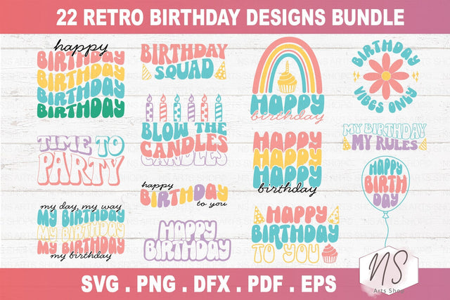 Retro birthday svg bundle, birthday svg, Happy birthday svg, birthday party svg, birthday cake svg, Birthday svg file, birthday clipart SVG NS Arts Shop 