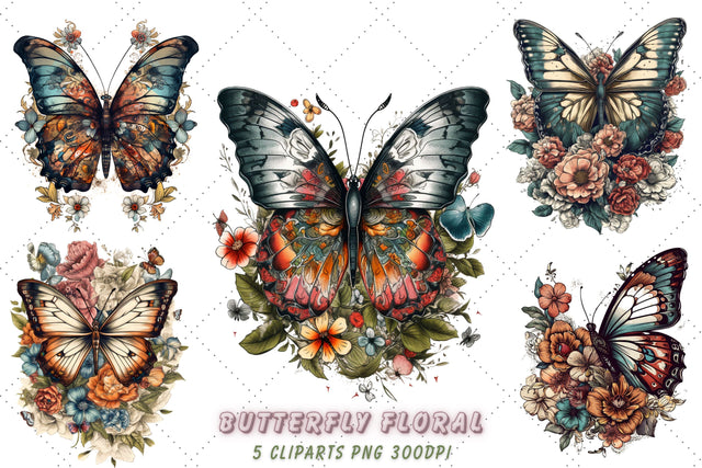 Retro Butterfly floral Clipart Bundle, Sublimation, Butterfly floral Sublimation FloridPrintables 