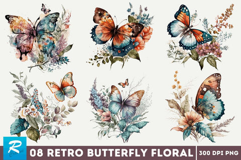 Retro Butterfly Floral clipart Bundle Sublimation Regulrcrative 