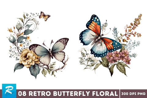 Retro Butterfly Floral clipart Bundle Sublimation Regulrcrative 