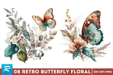 Retro Butterfly Floral clipart Bundle Sublimation Regulrcrative 