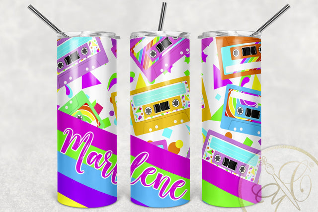 Retro Cassette 20oz Skinny Tumbler Sublimation/ 80’s, 90’s/ Neon/ White BG Sublimation Marlene Campos 