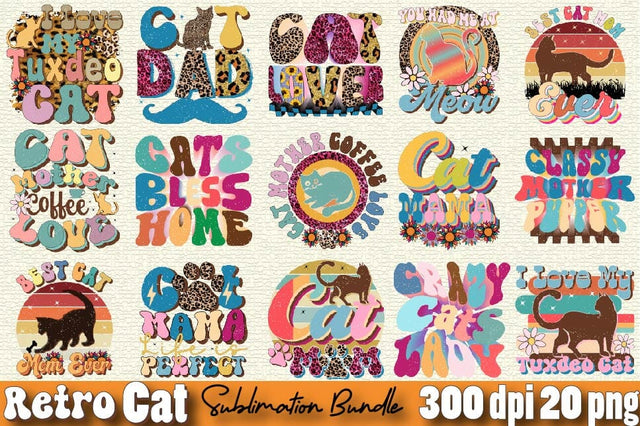 Retro Cat Sublimation Design Bundle Sublimation SVGArt 