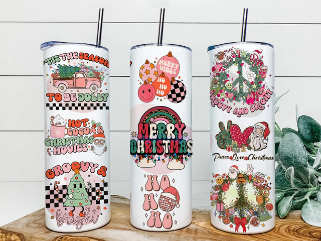 Retro Christmas 20oz Skinny Tumbler, Merry Christmas Tumbler Design, Retro Tumbler Template, Christmas Tumbler Png, Holiday Sublimation Png, Instant Download Sublimation iStyleDesign 