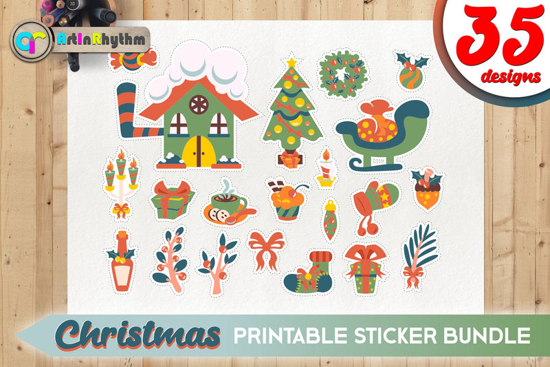 Retro Christmas Sticker Bundle / Printable PNG Clipart - So Fontsy