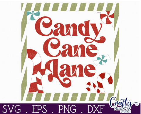 Retro Christmas Svg Sign, Candy Cane Lane Holiday Cut File SVG Crafty Mama Studios 