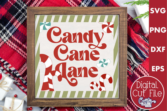 Retro Christmas Svg Sign, Candy Cane Lane Holiday Cut File SVG Crafty Mama Studios 