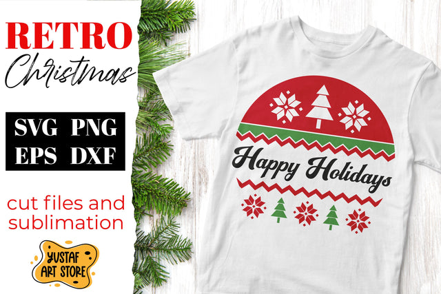 Retro Christmas sweater SVG design "Happy Holidays" quote SVG Yustaf Art Store 
