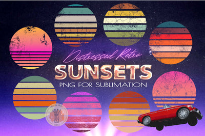 Retro Distressed Sunsets. Vintage Background Bundle - 8 PNG Sublimation OrangeBrushStudio 