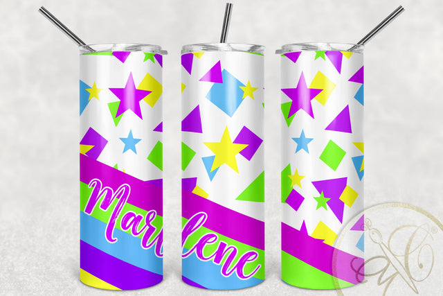 Retro Figures 20oz Skinny Tumbler Sublimation/ 80’s, 90’s/ Neon Figures/ Retro Stars Sublimation Marlene Campos 
