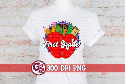 Retro First Grade Back to School Apple PNG for Sublimation Sublimation Greedy Stitches 