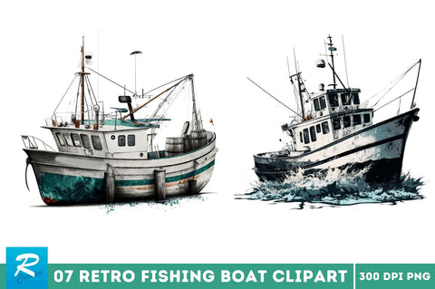 Retro Fishing Boat Clipart Bundle Sublimation Regulrcrative 