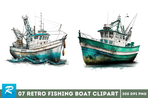 Retro Fishing Boat Clipart Bundle Sublimation Regulrcrative 