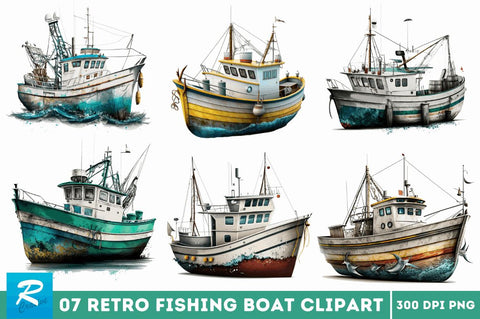 Retro Fishing Boat Clipart Bundle Sublimation Regulrcrative 