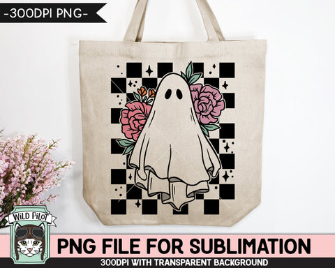 Retro Floral Ghost SUBLIMATION design PNG, Flower Ghost png file, Ghost Checkerboard sublimation designs, Pink Purple Halloween sublimation Sublimation Wild Pilot 