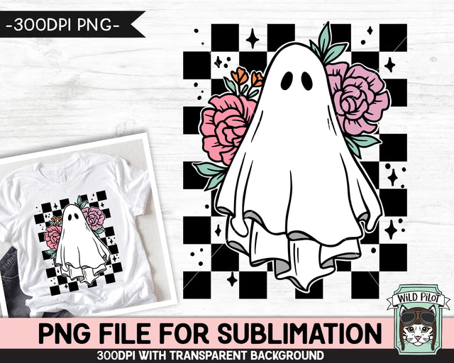 Retro Floral Ghost SUBLIMATION design PNG, Flower Ghost png file, Ghost Checkerboard sublimation designs, Pink Purple Halloween sublimation Sublimation Wild Pilot 
