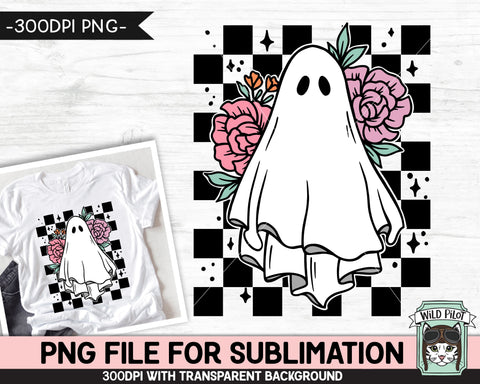 Retro Floral Ghost SUBLIMATION design PNG, Flower Ghost png file, Ghost Checkerboard sublimation designs, Pink Purple Halloween sublimation Sublimation Wild Pilot 