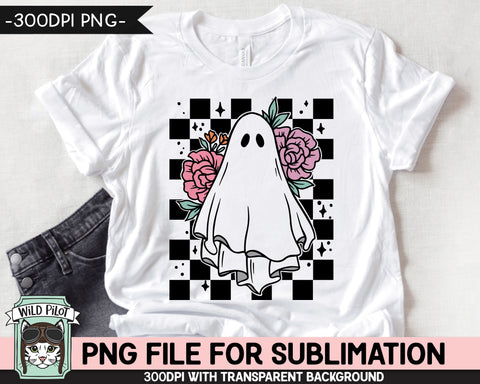 Retro Floral Ghost SUBLIMATION design PNG, Flower Ghost png file, Ghost Checkerboard sublimation designs, Pink Purple Halloween sublimation Sublimation Wild Pilot 